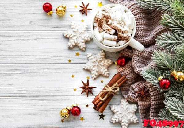 christmas composition with cup of hot chocolate and decorations