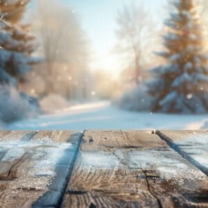 snow covered wooden table with a stunning winter forest in the background on a sunny day