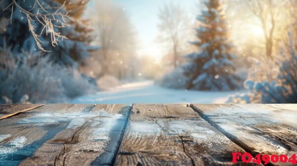 snow covered wooden table with a stunning winter forest in the background on a sunny day