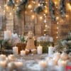 festive christmas decor with white candles, garland, and mini christmas tree