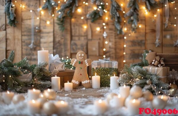 festive christmas decor with white candles, garland, and mini christmas tree