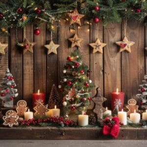 christmas trees and candles on wooden background