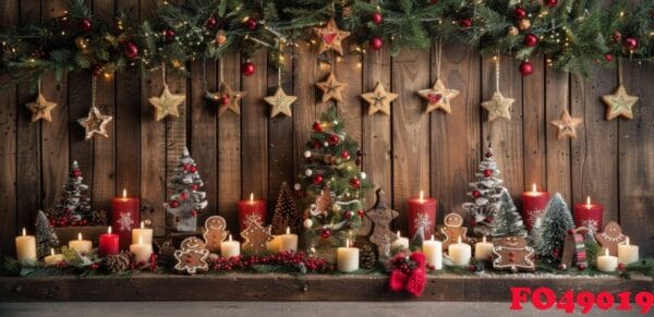 christmas trees and candles on wooden background