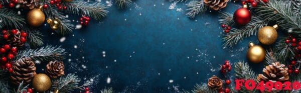 festive winter decoration with pine branches, ornaments, and falling snow on a blue background