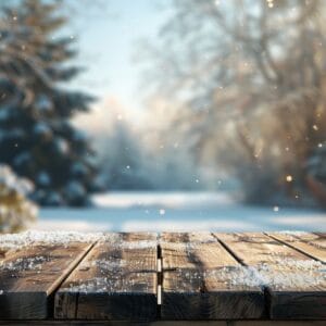 snow covered wooden table in serene winter scene with blurred background. ideal for festive celebrations or cozy displays. evokes magical atmosphere for product presentations