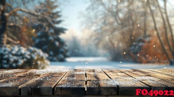 snow covered wooden table in serene winter scene with blurred background. ideal for festive celebrations or cozy displays. evokes magical atmosphere for product presentations