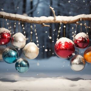 christmas ornament on beautiful winter scenery, xmas ball, copy space