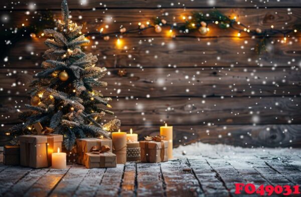 decorated christmas tree with presents and candles in snowy setting