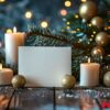 blank card surrounded by christmas decor on wooden table