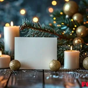 blank card surrounded by christmas decor on wooden table