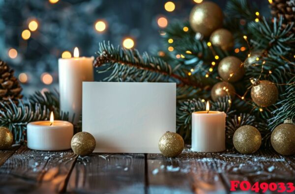 blank card surrounded by christmas decor on wooden table