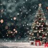 snowy christmas tree with gifts and soft bokeh lights at night