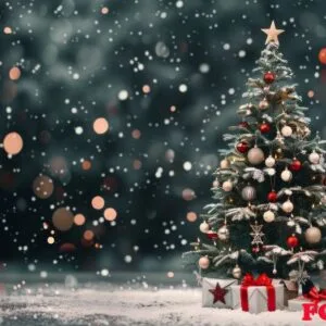 snowy christmas tree with gifts and soft bokeh lights at night