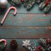 a festive arrangement of holiday decorations on a wooden surface.