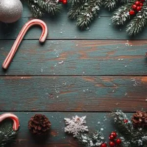 a festive arrangement of holiday decorations on a wooden surface.