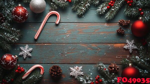 a festive arrangement of holiday decorations on a wooden surface.