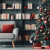 cozy living room with christmas tree and bookcase decorated for the holidays