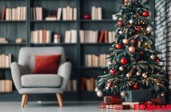 cozy living room with christmas tree and bookcase decorated for the holidays