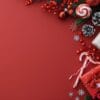 festive christmas decorations with gifts and candy canes on red background