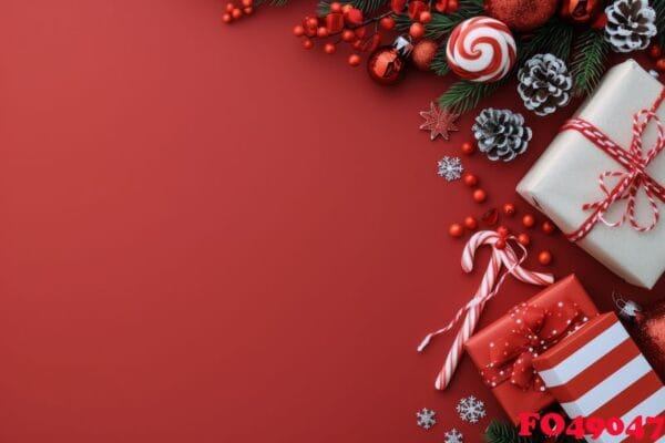 festive christmas decorations with gifts and candy canes on red background