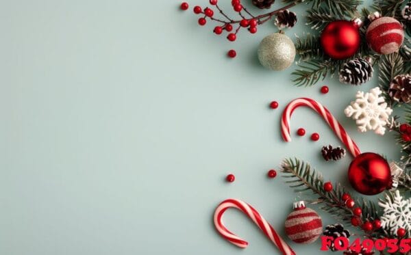 red ornaments and candy cane on green background