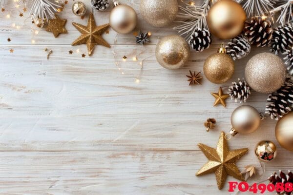 elegant christmas ornaments and pine cones on rustic wooden background