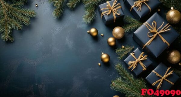 elegant gift boxes wrapped in golden ribbons arranged with festive decorations for celebration