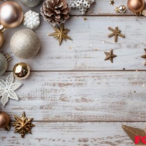 elegant christmas ornaments and pine cones on rustic wooden background