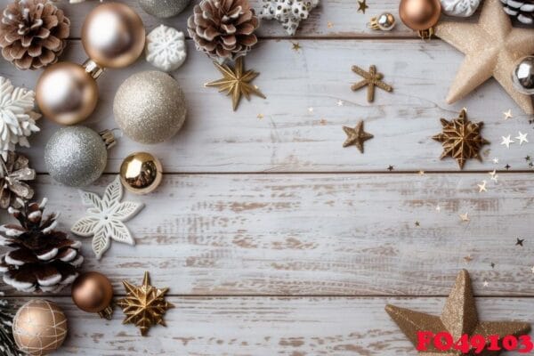 elegant christmas ornaments and pine cones on rustic wooden background