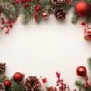 festive holiday decorations featuring red ornaments, pinecones, and greenery on a white background