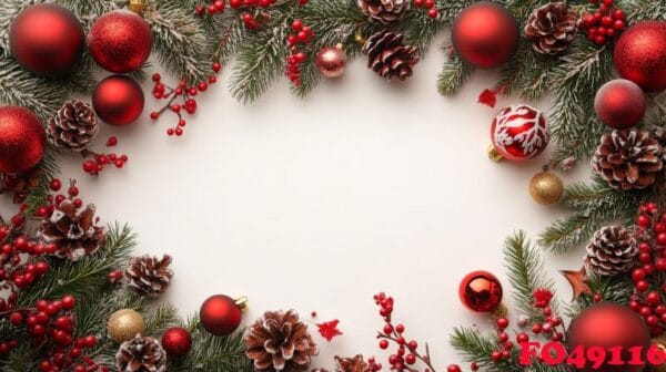 festive holiday decorations featuring red ornaments, pinecones, and greenery on a white background