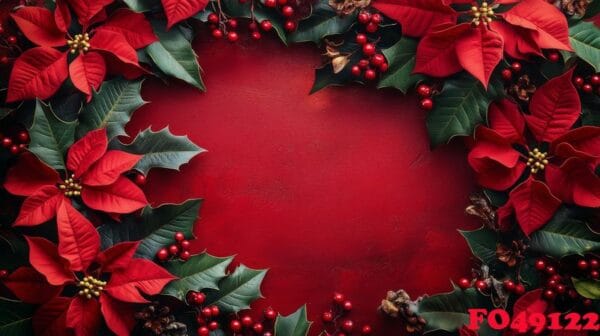 festive holiday floral decoration with poinsettias and holly leaves on gold background