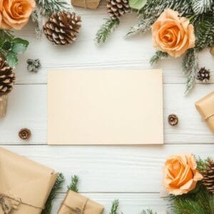 holiday gifts and flowers on a rustic wooden surface create a festive display