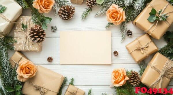 holiday gifts and flowers on a rustic wooden surface create a festive display