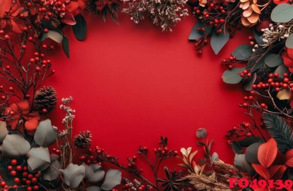 festive arrangement of greenery and berries on a red background for holiday celebrations