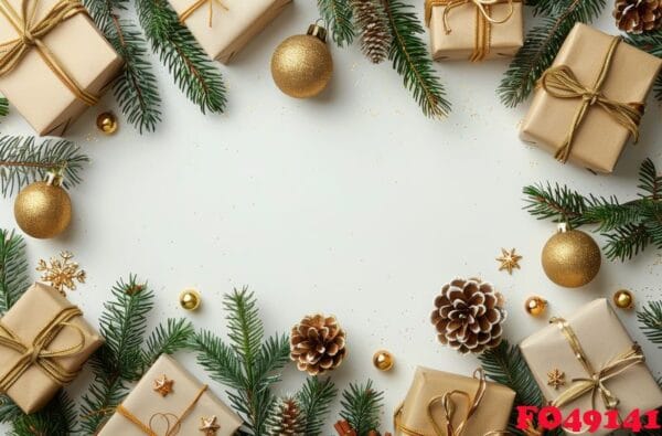 festive christmas gifts surrounded by evergreen branches and gold ornaments on white background