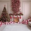 a festive living room adorned with pink and gold christmas decor and gifts for the holidays