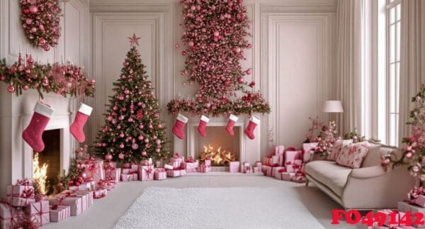 a festive living room adorned with pink and gold christmas decor and gifts for the holidays