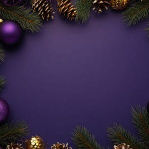 decorative holiday arrangement with pine branches and ornaments against a purple background