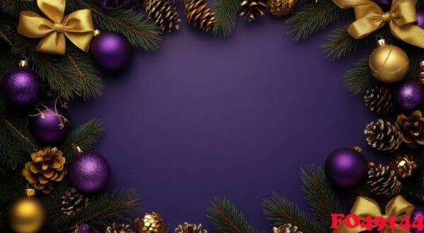 decorative holiday arrangement with pine branches and ornaments against a purple background