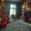 cozy winter living room decorated for christmas with a fireplace and a beautifully adorned tree