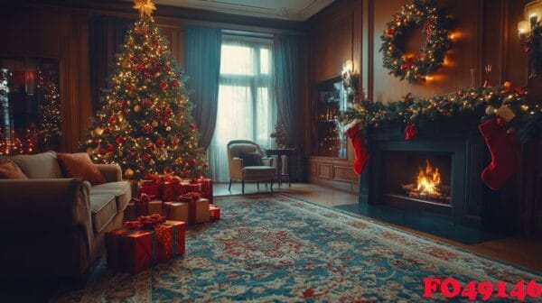 cozy winter living room decorated for christmas with a fireplace and a beautifully adorned tree