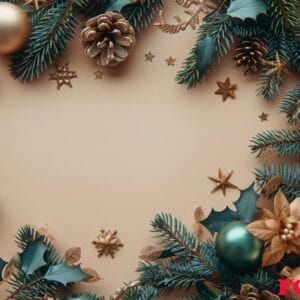 green and gold christmas decorations on beige background