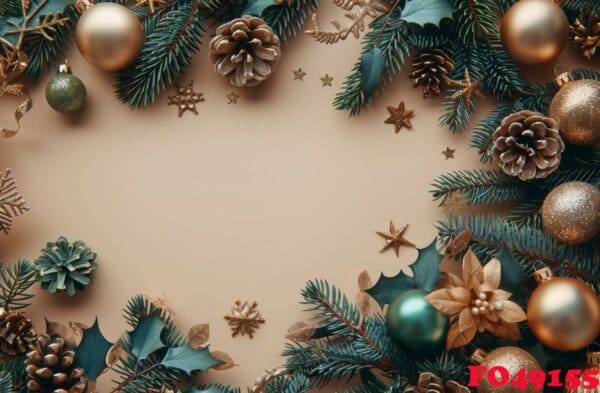 green and gold christmas decorations on beige background