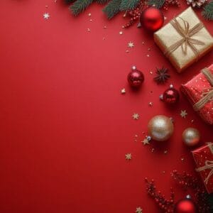 beautifully wrapped christmas gifts on a festive red background with decorations and greenery