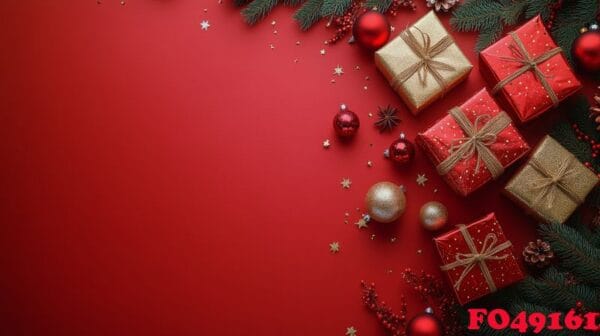 beautifully wrapped christmas gifts on a festive red background with decorations and greenery