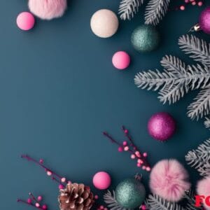 christmas ornaments and pine branches on blue background