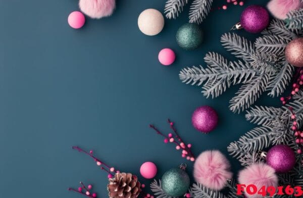 christmas ornaments and pine branches on blue background