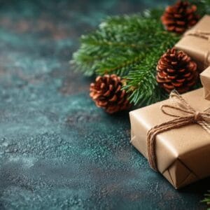 decorative holiday gifts wrapped in brown paper with pine branches and cones on a table