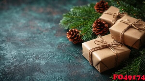 decorative holiday gifts wrapped in brown paper with pine branches and cones on a table